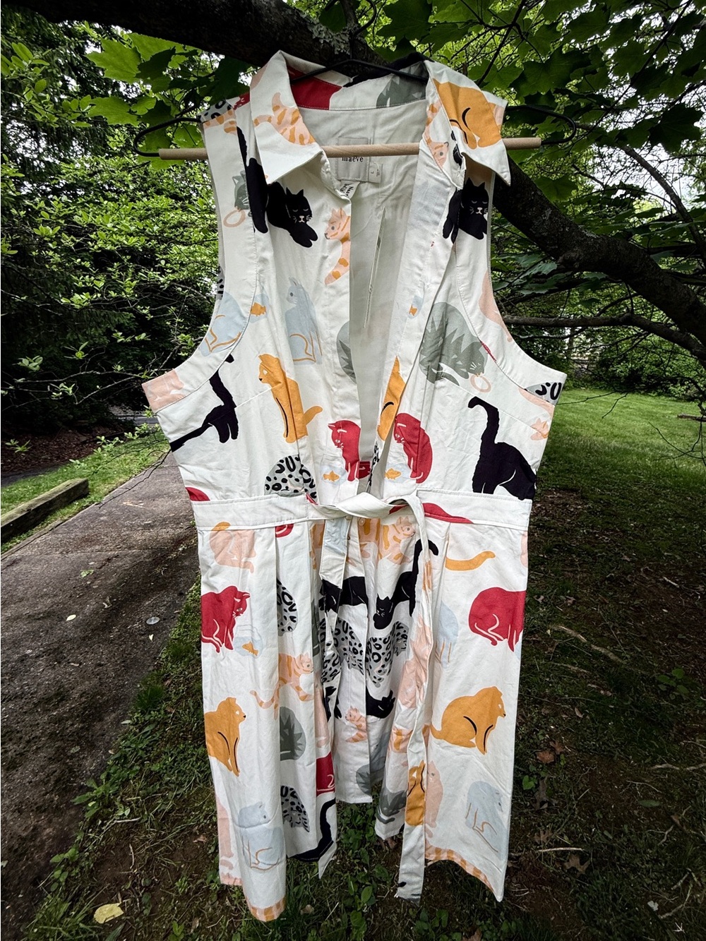 Sleeveless Cat Print Tie-Waist Shirt Dress Multicolor Cats MAEVE ANTHROPOLOGIE